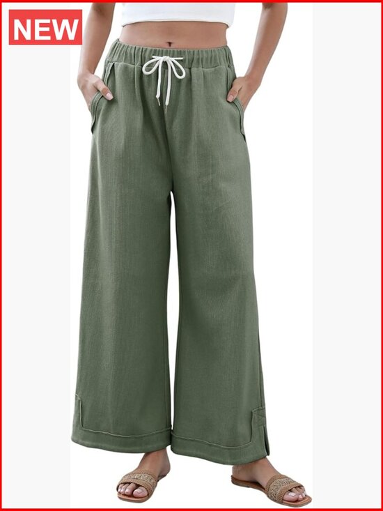 Pants - Wide Leg Palazzo Pants Elastic Waist Drawstring Lounge Trousers with Pockets